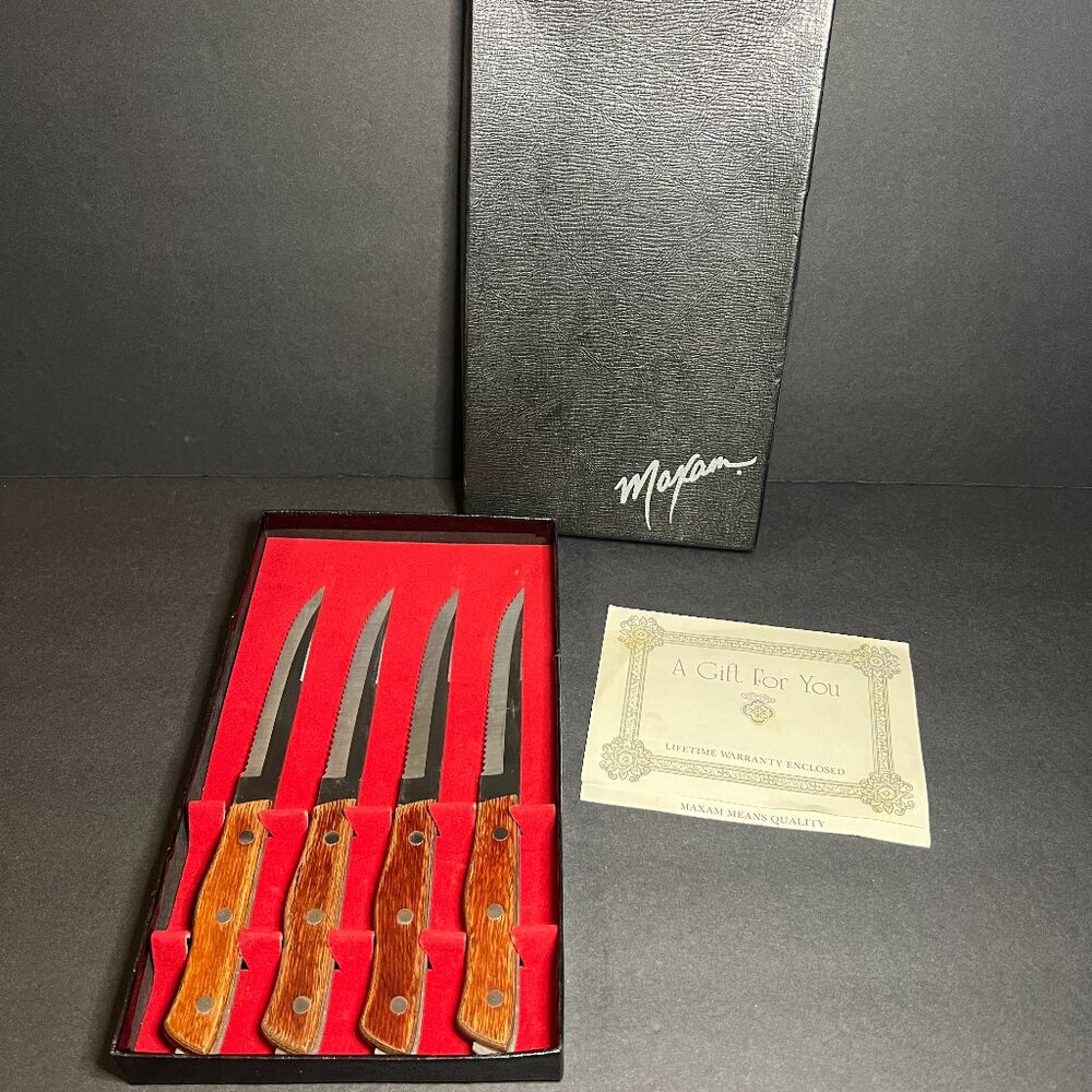 Vintage Set of 4 Maxam CTGB4 Wooden Handle Steak Knives w/ 5" Blades & Box